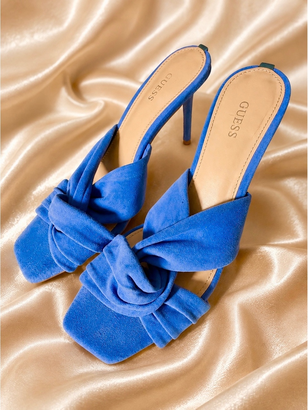Guess Women's Blue Suede 9M Knot Detail High Heel Slide Sandals